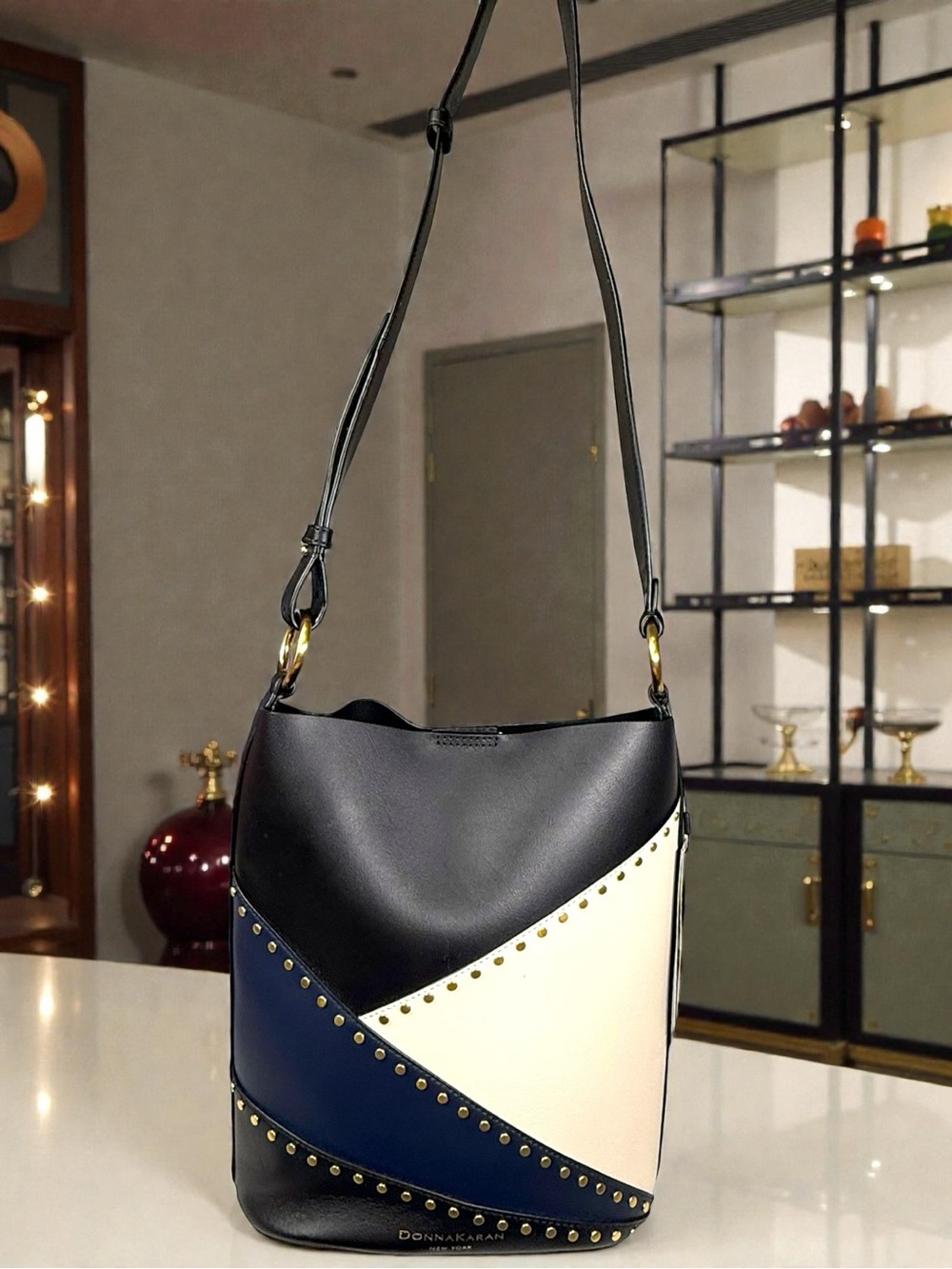 NWT ✨ Donna Karan Adan Studded Bucket Bag 🖤🤍💙 - Picture 5 of 12